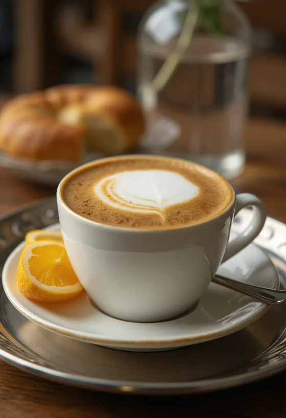 Чашка кави, прикрашена паличкою кориці та скибочкою імбиру