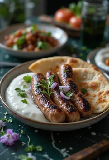 Чевапчичі з йогуртом, свіжосмажені та золотисто-коричневі, подані на піті