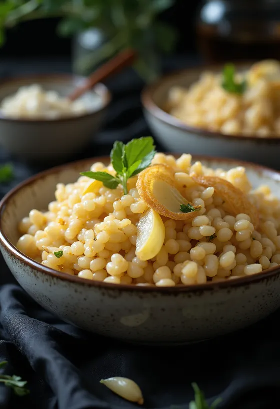 Гречка з часником, подана в простому посуді, видно смачну кашу