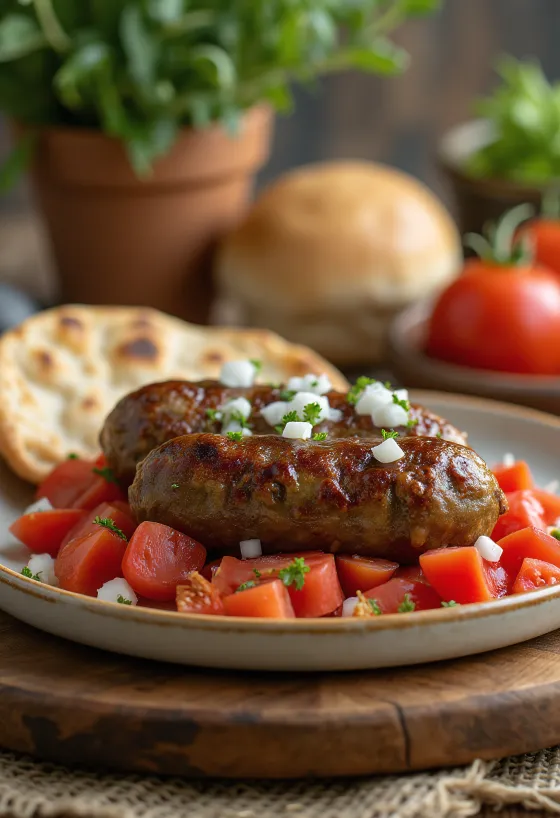 Чевапчичі з помідорами, свіжосмажені та золотисто-коричневі, подані на піті