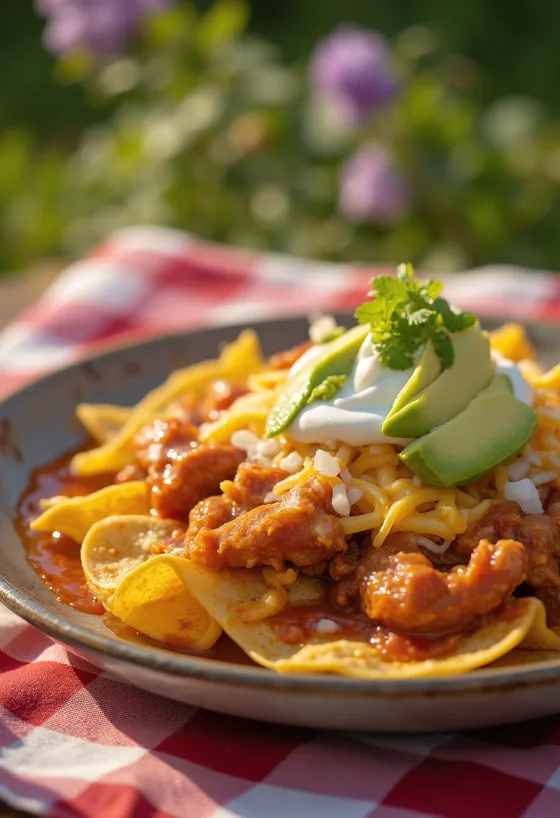 Чілакілес з м'ясом енчілада, смужки тортильї, соус енчілада, куряче м'ясо, авокадо, сир та прикраса з кінзи