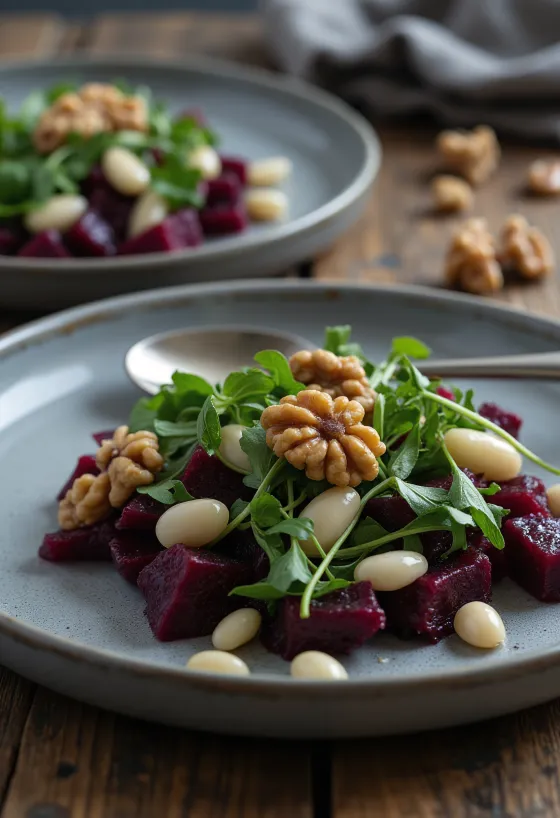 Салат з буряком і квасолею, поданий з горіховою заправкою