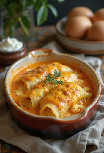 Млинці з м'ясом, наповнені соковитим фаршем, запечені до золотисто-коричневого кольору