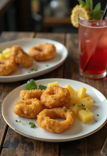Акараже з ананасом, поданий з пряними квасолевими кульками та свіжим ананасом