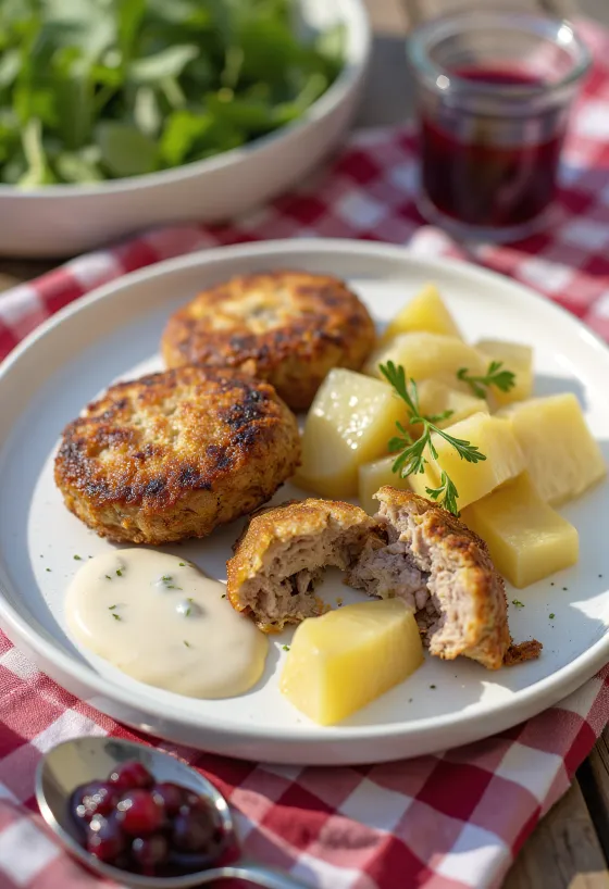 Kjøttkaker з коричневою селерою, м'ясні кульки, подані з овочами