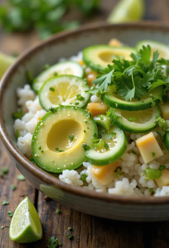 Поке з лаймом, свіжими овочами на подушці з рису, прикрашене кінзою та соком лайма.