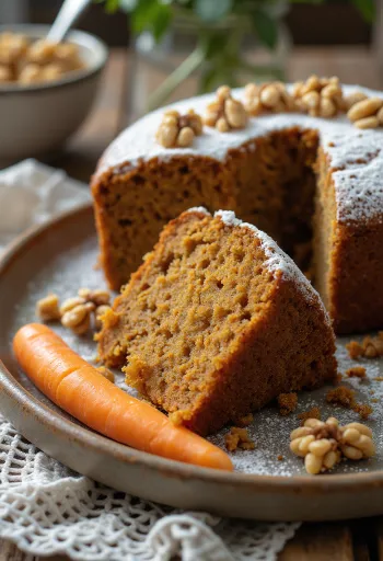 Веганський морквяний торт, поданий з горіхами та цукровою пудрою