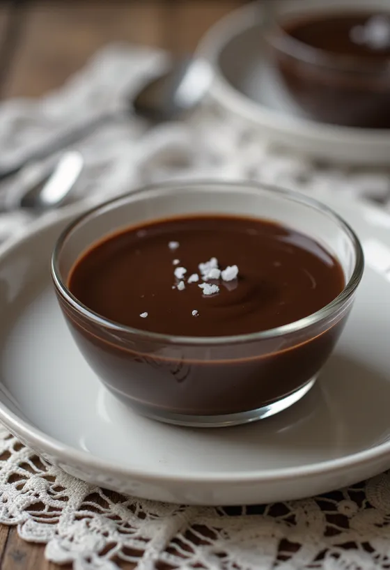 Manjar de chocolate, поданий з шоколадом, кремовою текстурою та прикрашений шоколадною стружкою