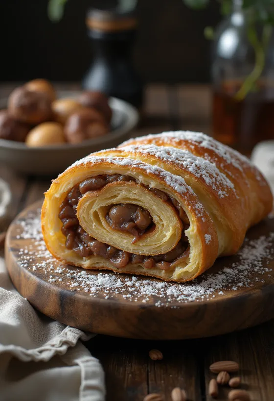 Рулет з каштанами, нарізаний скибочками, прикрашений