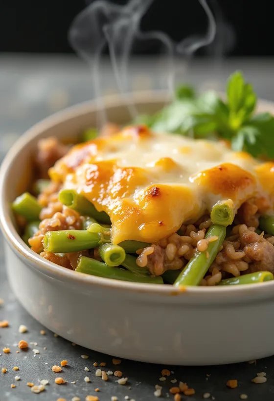 Запіканка зі стручкової квасолі зі свіжою сметаною та підсмаженим сиром зверху.