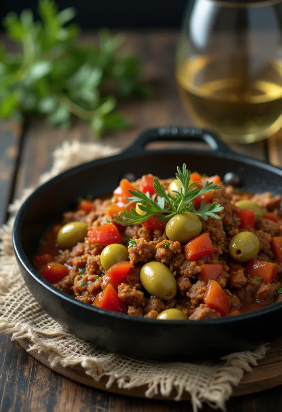 Пікадільо з оливками, в мисці пряний фарш і овочі