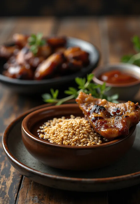 Соус барбекю з кунжутом, медом та соєвим соусом подано