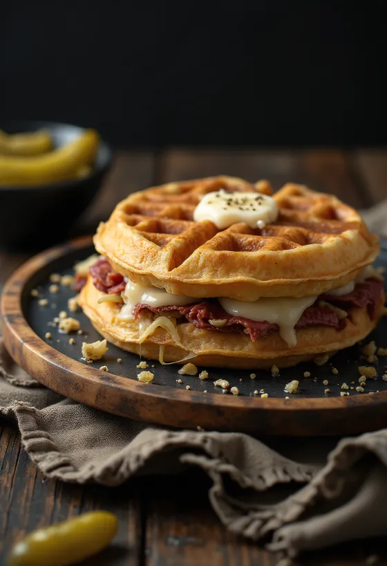 Вафлі сендвіч Рубен, щойно спечені, з пастрамі та квашеною капустою