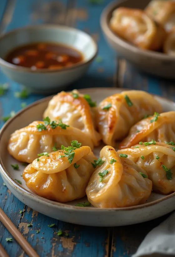 BBQ Chicken Gyoza засмажені до золотисто-коричневого кольору з соусом BBQ