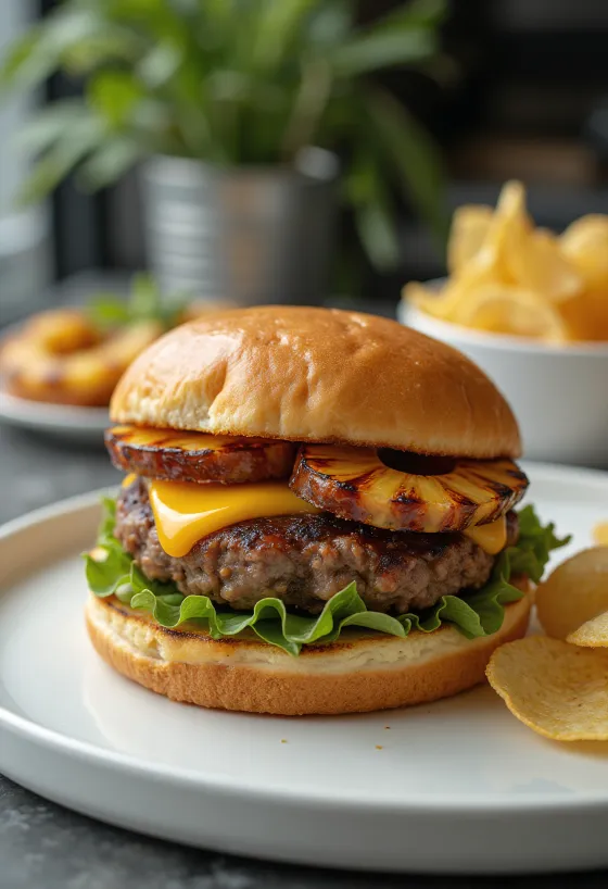 Свіжоприготований гавайський гамбургер з грильованим ананасом