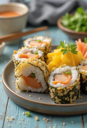 Кімбап з куркою, корейські роли з куркою, посипані кунжутом