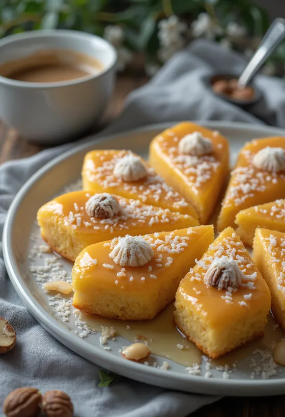 Ревані з кокосовою стружкою, просочений сиропом пиріг