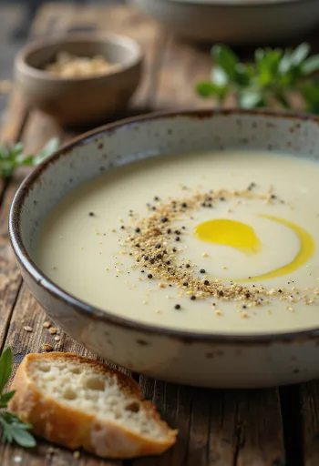 Пребіотичний крем-суп з лука-порею, поданий, з багатою та кремовою текстурою