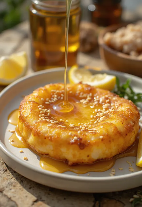 Саганакі, политий медом і посипаний кунжутом, подача